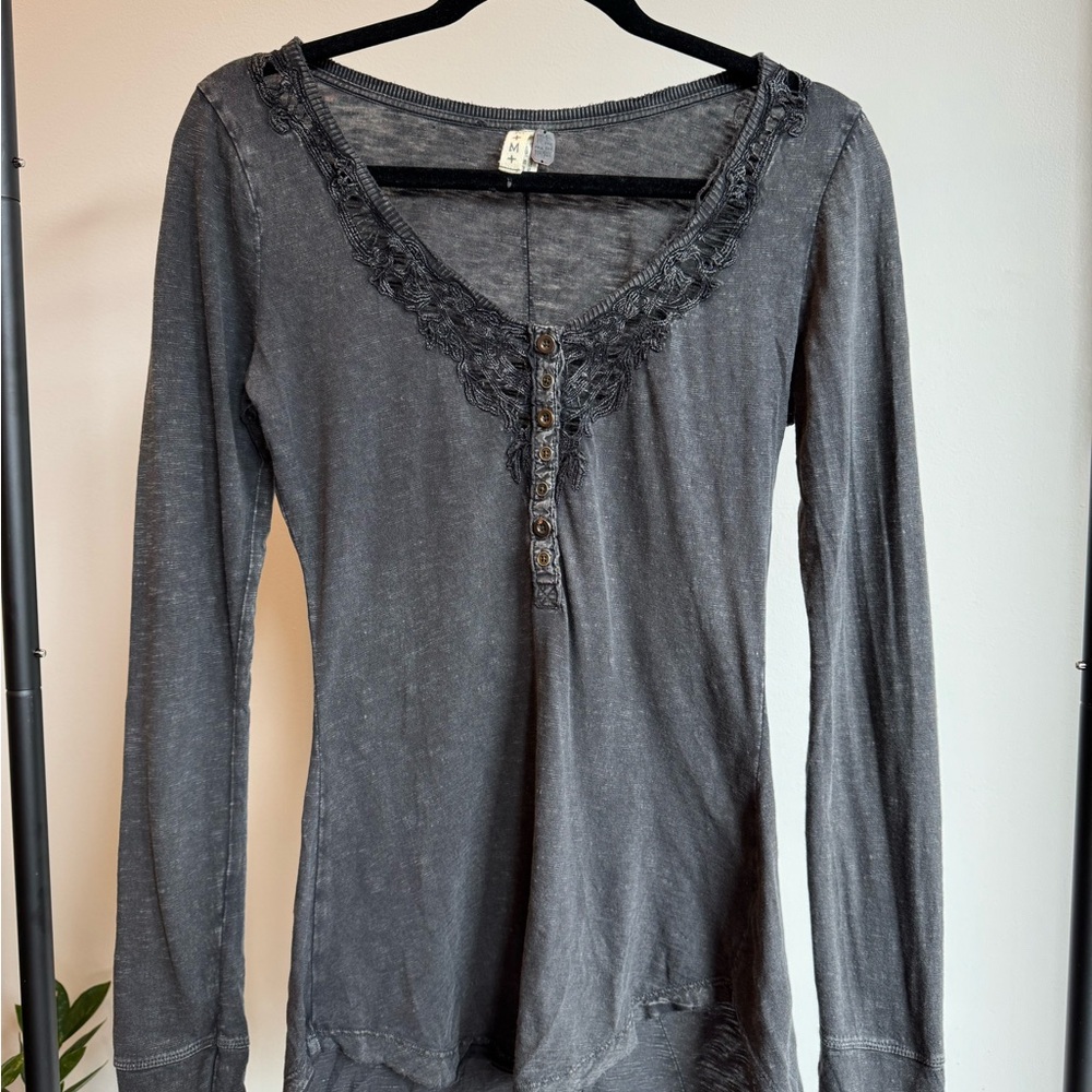 Free People Charcoal Lace Long Sleeve Top